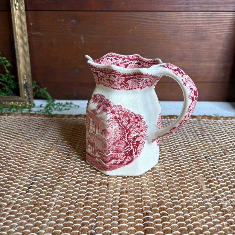 Vintage Mason's Ironstone England Vista Pink Red Transferware Creamer Pitcher